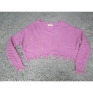 No Comment Sweater Womens XL Purple Cropped Knit Pullover Casual Ribbed V-Neck